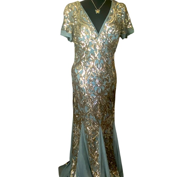 Glamorous Gold and Green Maxi Dress 14 L - Picture 1 of 1